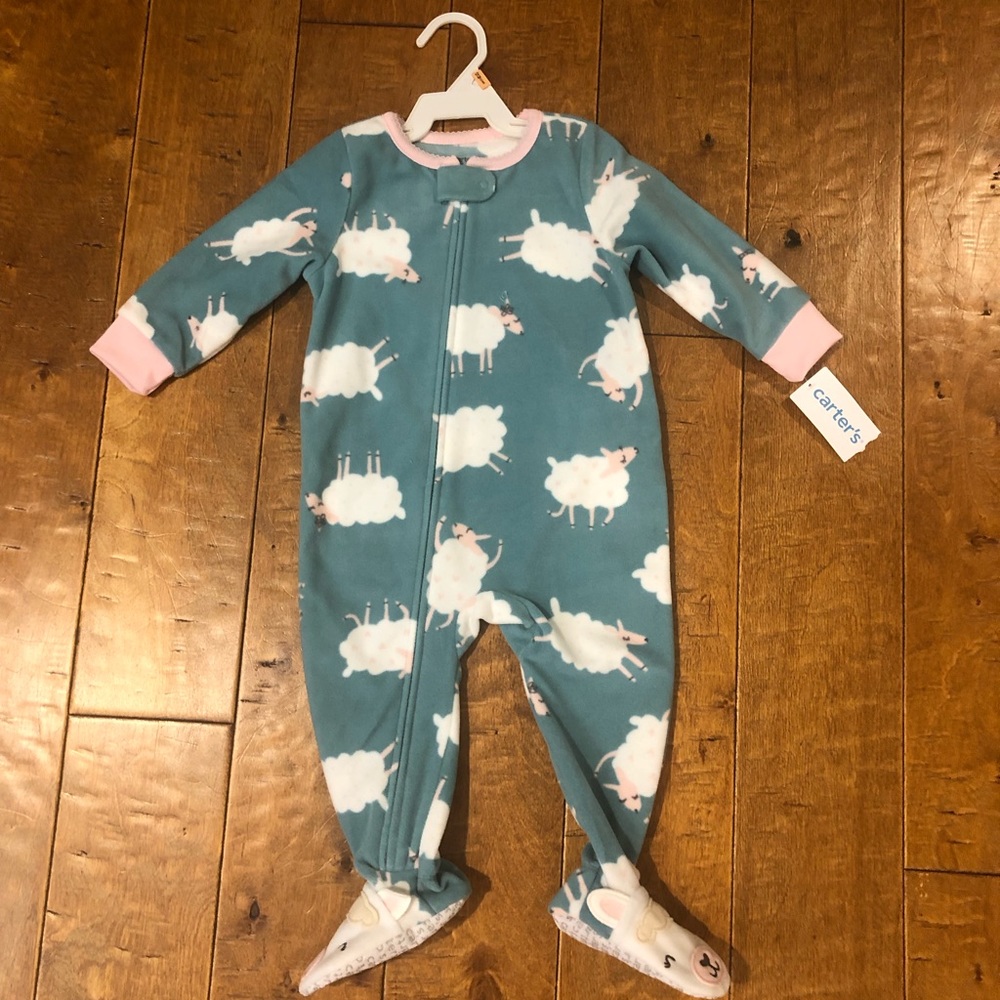 Carter’s fleece pajama onesie/Footie with white sheep. Brand new. Size 12 months